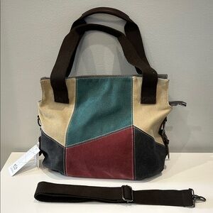 Canvas Patchwork Tote Bag in Teal, Burgundy, Black & Cream